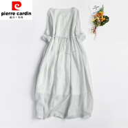 皮爾卡丹（pierre cardin）新中式國風(fēng)2025新款森女刺繡苧麻大擺長袍系帶收腰短袖棉亞麻連衣 淺綠色(少量現(xiàn)貨) L 【建議110-130斤】
