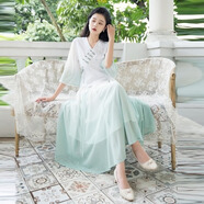 蒂默奇禪茶服女裝改良漢服民國(guó)風(fēng)漢元素漢連衣裙女新中式日常V領(lǐng)采耳藝 漸變綠一整套· M 85-95斤參考