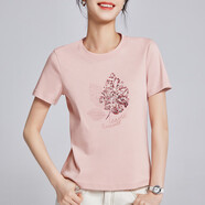 修嫻（soossn）2025夏裝新款珠片葉子刺繡短袖T恤女絲光棉t寬松顯瘦圓領(lǐng)體恤衫 優(yōu)雅粉 M
