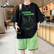 啄木鳥(niǎo)短袖男套裝夏季新款t恤男冰絲涼感時(shí)尚寬松青少年一整套穿搭帥氣T 2508黑色套裝 2XL (約150-165斤可穿)