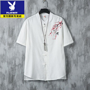 花花公子（PLAYBOY）夏季中國棉麻中式休閑短袖男裝衣服唐裝襯衫國風(fēng)薄款 中式印花11-梅枝鳥-白色 M 【建議90-110斤】
