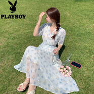 花花公子（PLAYBOY）刺繡雪紡連衣裙子女裝2025夏季女長(zhǎng)身裙感茶歇法式顯瘦氣 天藍(lán)色 XL 120/135斤