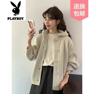 花花公子（PLAYBOY）品牌韓國時(shí)尚休閑針織開(kāi)衫上衣2025秋冬連帽坑條寬松加厚毛衣女 乳白色 均碼
