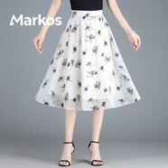 Markos水墨畫半身裙雪紡a字短裙女2025夏新款印花白色半裙歐根紗蓬蓬裙 花色 M 腰圍2尺