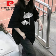 皮爾卡丹100純.棉短袖t恤女夏季新款大尺碼女裝韓版寬松ins中長(cháng)款上衣服潮 黑色【白銀杏葉子】短/袖 純.棉 L 建議110-130斤