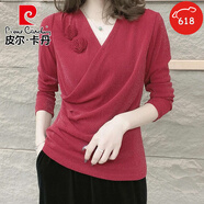 皮爾卡丹（pierre cardin）秋季新品V*領(lǐng)洋氣時尚百搭氣質(zhì)減齡打底衫女士亮絲長*袖顯瘦t恤上 紅色 XL 85-110斤