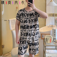 棉綢睡衣夏季新款男短袖短褲家居服套裝寬松大碼休閑人造棉可外穿 810淺咖字母男款 3XL 建議(160-180)