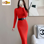 初徑長(cháng)袖2025秋冬高領(lǐng)針織新款衣裙連衣裙修身過(guò)膝顯瘦打底毛衣送腰帶 桔色 M