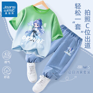 真維斯男童套裝夏裝敖丙兒童服裝哪吒純棉短袖t恤牛仔防蚊褲子時髦童裝 【吊染短袖+天絲防蚊褲】16 140 【推薦體重56-68斤】