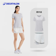 迪卡儂（DECATHLON）運動短褲女防走光寬松夏季外穿跑步瑜伽訓練健身褲GYPWL T恤+短褲兩件套女款 灰白 XS
