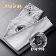 澤卡狼（ZEKALANG）歐洲站印花亮片牛仔褲男彈力修身小腳褲男裝潮牌潮流個性青年長褲 淺灰色 28