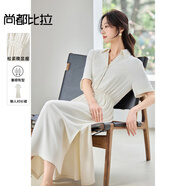 尚都比拉職場(chǎng)通勤風(fēng)短袖連衣裙女夏季松緊腰V領(lǐng)顯瘦襯衫裙收腰百搭中長(zhǎng)裙