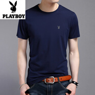 花花公子（PLAYBOY）男士棉短袖t恤中青年純色夏季上衣圓領體恤潮打底衫潮T上衣 純色-藏青【短袖】 2XL 建議121-135斤