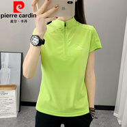 皮爾卡丹半拉鏈速干短袖t恤衫女正肩2025年夏季新款上衣體恤跑步洋氣寬松T 艾草綠 L 適合100-110斤