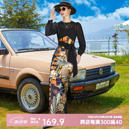 帝弗·潤馳超長款到腳踝連衣裙夏裝新款復(fù)古印花假兩件大牌奢華過膝長裙氣質(zhì) 黑色 M