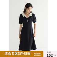 獨束大碼女裝氣質(zhì)通勤撞色短袖連衣裙2024年夏季娃娃領(lǐng)中長(cháng)款裙子 典雅黑 L (尺碼：2)