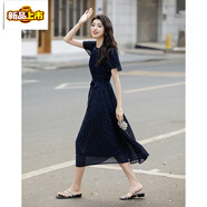 初徑奧特萊斯品牌折扣牛貨女裝法式波點(diǎn)雪紡連衣裙夏季復古中長(cháng)裙 藏青色 2XL 建議125-140斤
