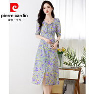 皮爾卡丹（pierre cardin）真絲碎花連衣裙女歐美女裝高端時(shí)尚桑蠶絲垂墜感漂亮氣質(zhì)法式裙子 紫色 2XL