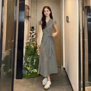 尚都比拉韓系設(shè)計(jì)感交叉綁帶短袖洋裝女春夏季新款覆古格子收腰氣質(zhì)長裙 格子連身裙 L推薦108-118斤 均碼