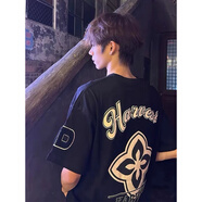 駱森馳（LUOSENCHI）國(guó)潮美式復(fù)古字母刺繡短袖男女潮牌高街寬松百搭oversize情侶t恤 黑色刺繡款【純棉高品質(zhì)】 XL 【125-140斤】
