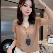 三彩適用法式v領(lǐng)冰絲短袖針織衫女2025新款夏季鉤花鏤空罩衫薄款 咖色 M (建議100斤以?xún)?