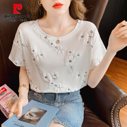 皮爾卡丹短袖t恤女白色半袖體恤夏裝2025年新款韓版寬松女士夏季上衣 821三朵花 M 建議95-110斤