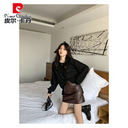 皮爾卡丹皮裙半身裙女春秋2025新款高腰韓版氣質(zhì)名媛PU裙短皮裙a字包臀裙 深棕色 XL