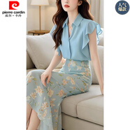 皮爾卡丹（pierre cardin）雪紡荷葉邊無(wú)袖襯衫女新款設計翻領(lǐng)深V洋氣襯衣百搭顯瘦上衣+裙子 藍色裙子 S 80-95