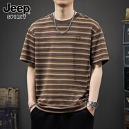 JEEP SPIRIT正品吉普高端短袖男夏季薄款t恤男港風(fēng)條紋寬松大碼重磅上衣男 T6848咖色T恤 XL 碼  建議體重145-165斤