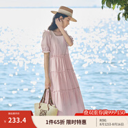 茵曼（INMAN）七七同款連衣裙2025夏女裝新款田園純棉提花方領(lǐng)A字泡泡袖蛋糕裙 皮粉色 S