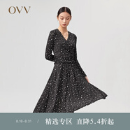 OVV2022春夏新款女裝彈力針織面料印花V領優(yōu)雅收腰長袖連衣裙 黑色花紋01 S