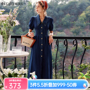Olrain歐芮兒法式牛仔連衣裙夏季女裝收腰復(fù)古港風(fēng)開叉裙子衣服 牛仔藍(lán) XL