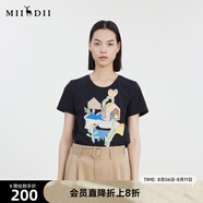 謎底夏季新款圓領(lǐng)特色印花T恤短袖女修身繡花上衣232MT0683 黑色 S