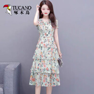 啄木鳥(niǎo)裙子2025年新款夏天v領(lǐng)中長(cháng)款收腰顯瘦氣質(zhì)蛋糕裙雪紡碎花連衣裙 綠色 M 【85-105】