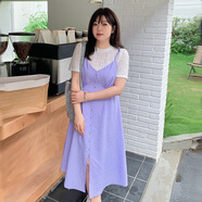 木清清2025夏季新款少女清新蕾絲上衣開叉吊帶裙套裝連衣裙 紫色格子 XL 1XL