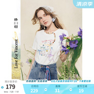 兩三事梵高文藝 喵游記 2025夏季新款串珠裝飾蝴蝶結(jié)貼布繡t恤女 米白色 S