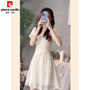 皮爾卡丹（pierre cardin）2025夏季法式方領(lǐng)泡泡袖連衣裙夏女小個子高端氣質(zhì)收腰a字雪紡裙 杏色 S