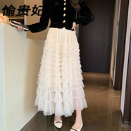愉貴妃高檔法式V領(lǐng)金絲絨連衣裙兩件套女士秋冬千層網(wǎng)紗蛋糕半身裙套裝 杏色半身裙 S