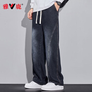 雅鹿牛仔褲男秋季新款青少年美式高街潮流直筒褲男復(fù)古簡(jiǎn)約長(zhǎng)褲子男裝 藍(lán)灰 M （重90-115斤高158-165）