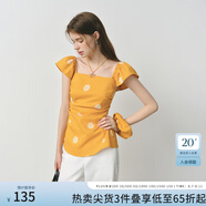 范思藍恩度假風(fēng)亞麻飛飛袖襯衫女夏季2025新款方領(lǐng)法式上衣2889 芒果黃 L