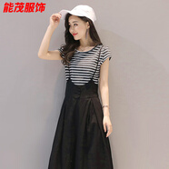 萱眸背帶闊腿褲女新款初秋韓版雪紡連體褲高腰夏顯瘦垂感吊帶裙褲 黑色條紋T恤單 L 建議穿106-115斤