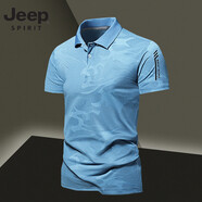 JEEP SPIRIT吉普夏季新款冰絲翻領(lǐng)POLO衫男士短袖商務(wù)休閑迷彩體恤高彈力T恤 湖藍(lán)色 M
