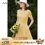 AMII法式復(fù)古a字連衣裙女年夏季新款赫本風(fēng)顯瘦圓領(lǐng)修身裙子 杏黃 （建議拍大一碼） M 160/84A
