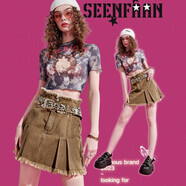 盛放（SEENFAAN）牛仔半身裙女復(fù)古毛邊2025夏新款設(shè)計感咖色A字短裙 咖色 S
