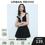 UR2025春季新款女裝撞色蕾絲飄帶U領(lǐng)無(wú)袖修身連衣裙UYY750014 黑色 XS