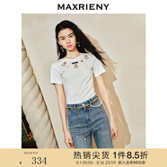 MAXRIENY【英式雅皮士-商場(chǎng)同款】?jī)?yōu)雅復(fù)古感卡拉工藝釘鉆裝飾T恤 本白 S 01/34