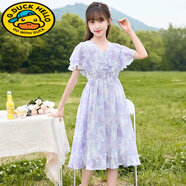 G.DUCKKIDS女童夏裝連衣裙2025新款兒童公主裙洋氣女大童裝夏季女孩裙子夏款 紫色碎花 150 cm