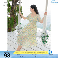 三彩大碼女裝2024夏季新款法式方領(lǐng)連衣裙碎花裙綁帶收腰浪漫胖MM 鵝黃花卉 L 165/92B