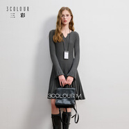 三彩2025冬季新款針織連衣裙V領(lǐng)長(cháng)袖百褶裙短裙A字裙氣質(zhì)M