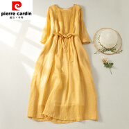 皮爾卡丹（pierre cardin）高端日系雙層苧麻連衣裙森女系帶風(fēng)琴褶短袖收腰棉亞麻長袍子 黃色(少量現(xiàn)貨) M 【建議95-115斤】